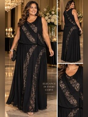 London Times Black Sleeveless Maxi Dress with Lace Panels